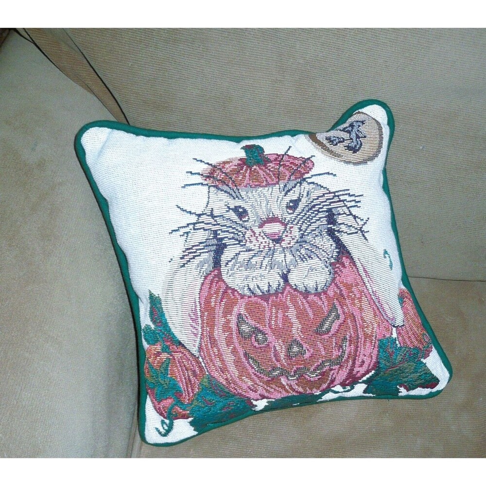 Portofino Tapestry Pillow Halloween Bunny Rabbit in Pumpkin Jack o Lantern Witch